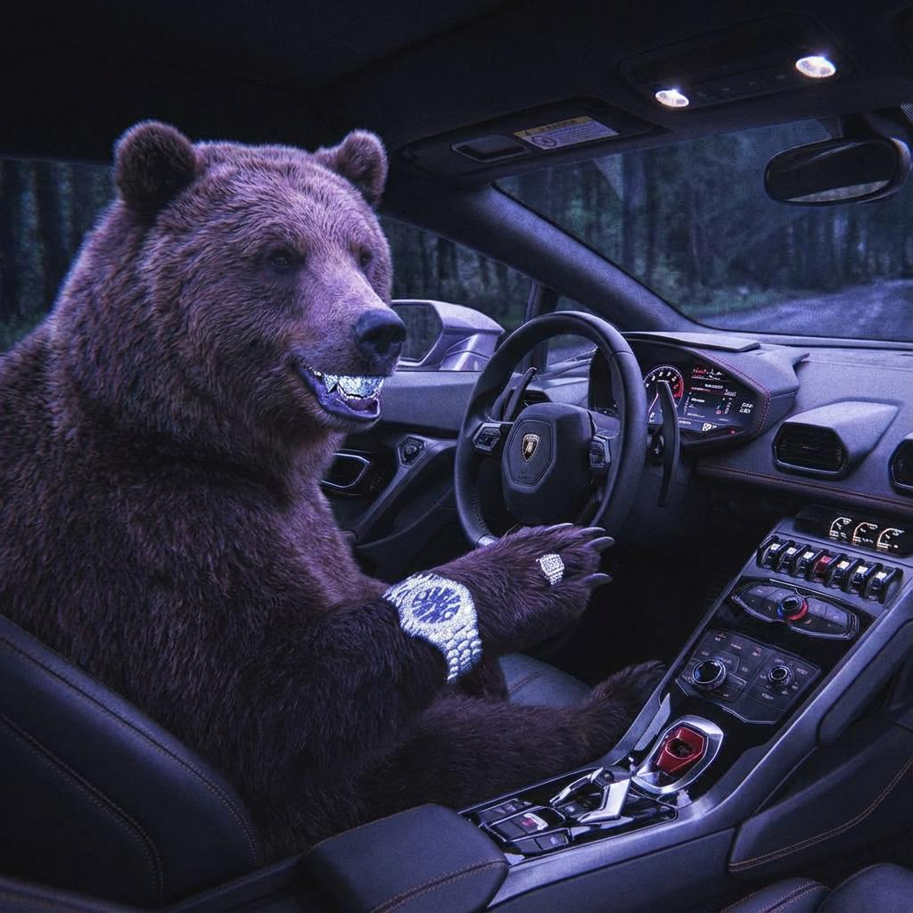 Bear in Lamborghini with diamond watch and grillz