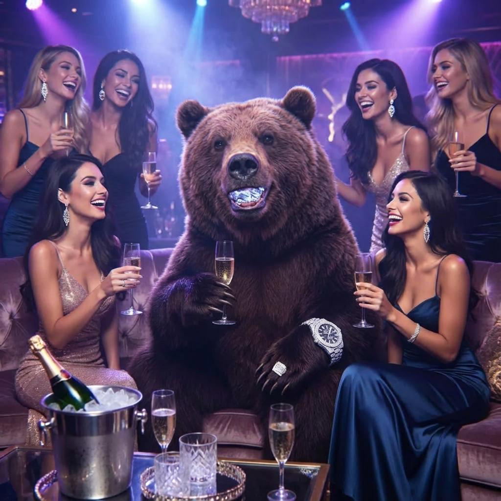 Bear at VIP table with models and champagne